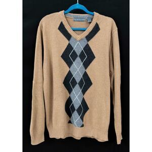 Oscar De La Renta 100% Cotton Retro Dad Grandpa Tan Knit Argyle Sweater L